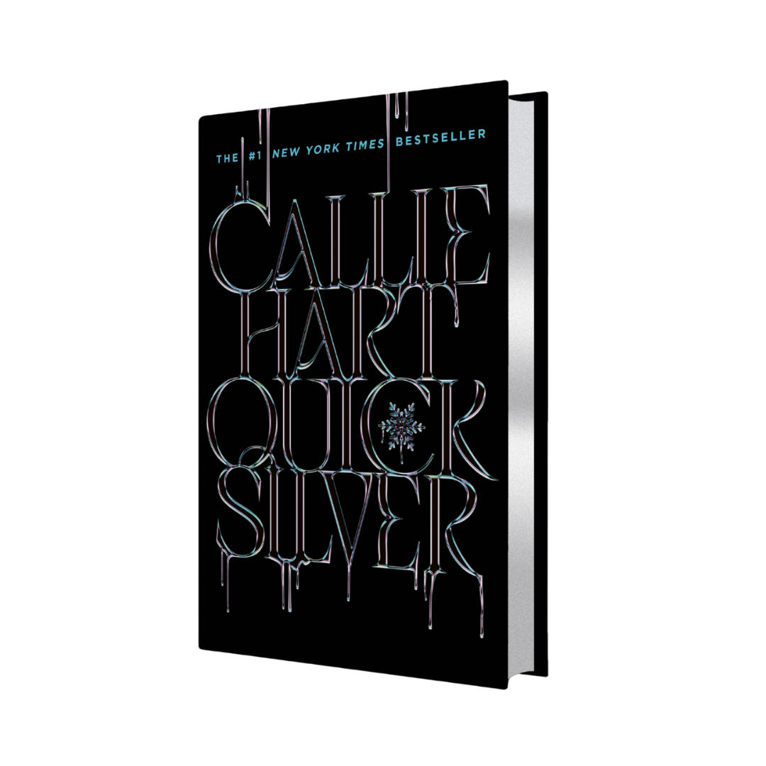 Quicksilver jacket is black with title and author in blue/pink writing that looks like it's melting with silver gilded edges